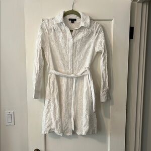 Saks Fifth Avenue White Long Sleeve Embroidered Cotton Mini Shirt Dress